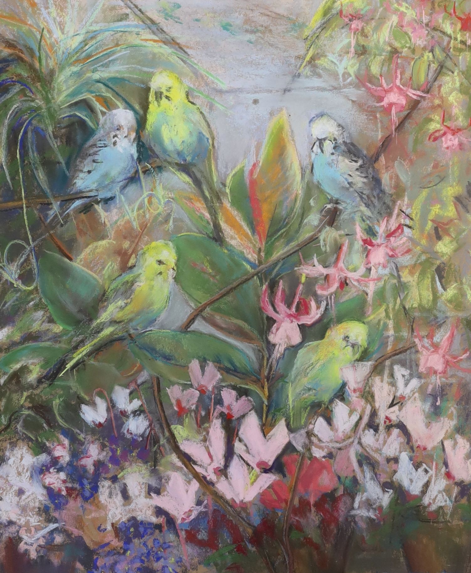 Hermione Thornton Lofthouse, pastel, 'Feathers amongst flowers', signed and dated '94, 55 x 44cm